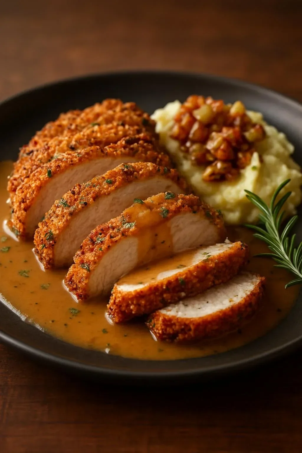 Walnut-Herb Crusted Chicken served with Apple Cider Pan Sauce