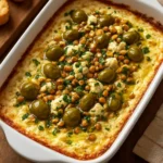 Creamy warm baked feta dip topped with olive gremolata, served with bread.
