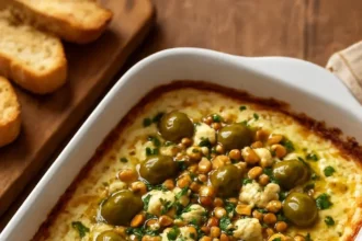 Creamy warm baked feta dip topped with olive gremolata, served with bread.