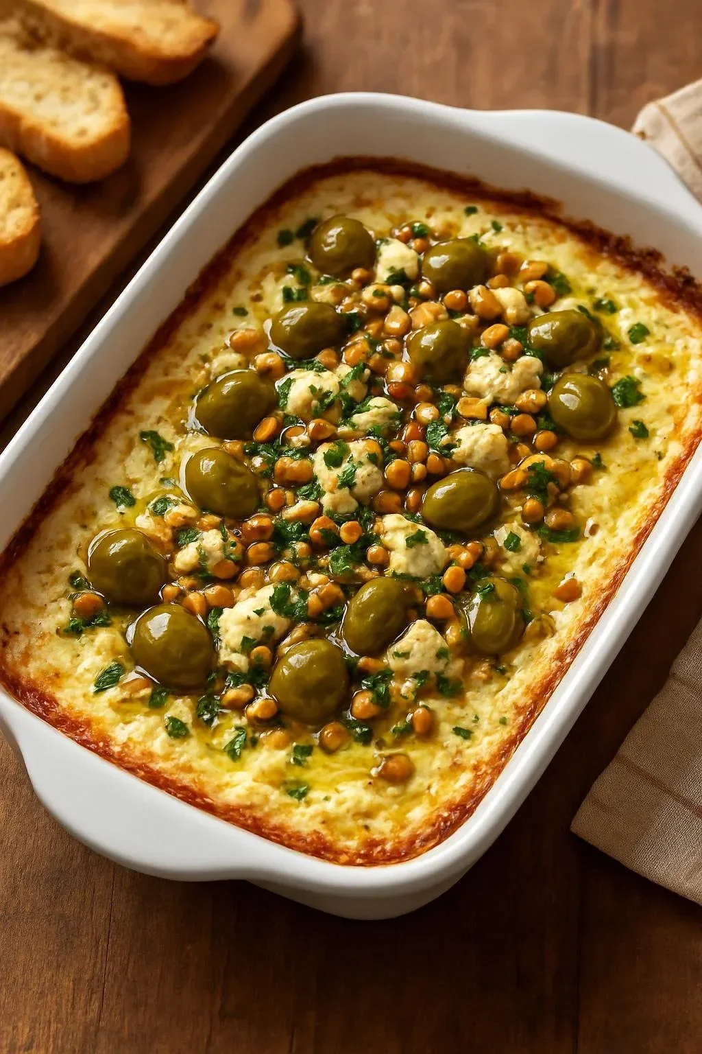Creamy warm baked feta dip topped with olive gremolata, served with bread.