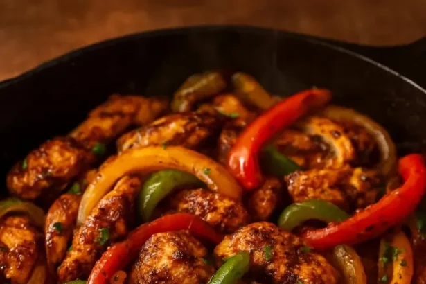 Zesty chicken fajitas served with colorful bell peppers and tortillas