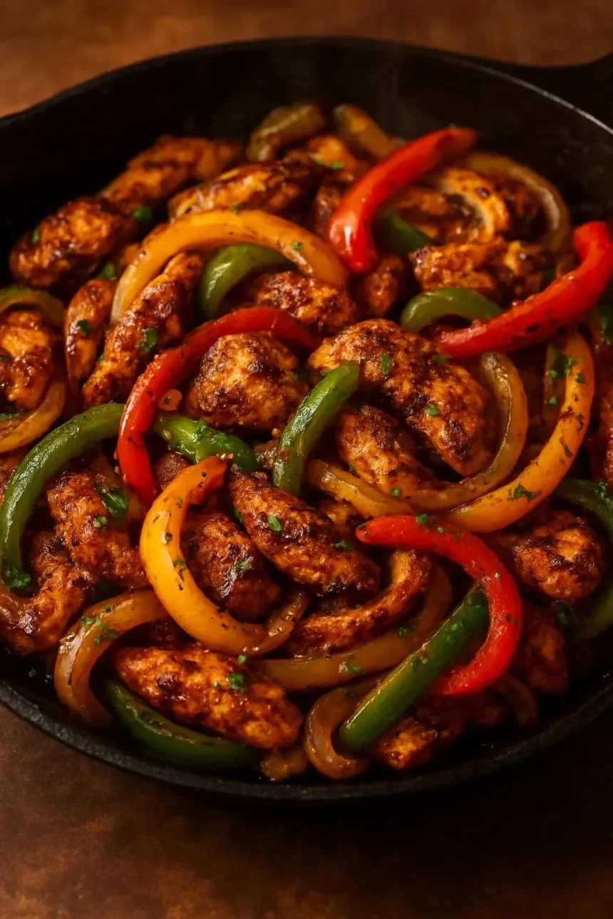 Zesty chicken fajitas served with colorful bell peppers and tortillas