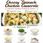 Cheesy spinach chicken casserole served in a dish with melted cheese and spinach