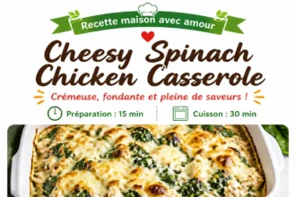 Cheesy spinach chicken casserole served in a dish with melted cheese and spinach