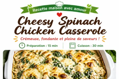 Cheesy spinach chicken casserole served in a dish with melted cheese and spinach