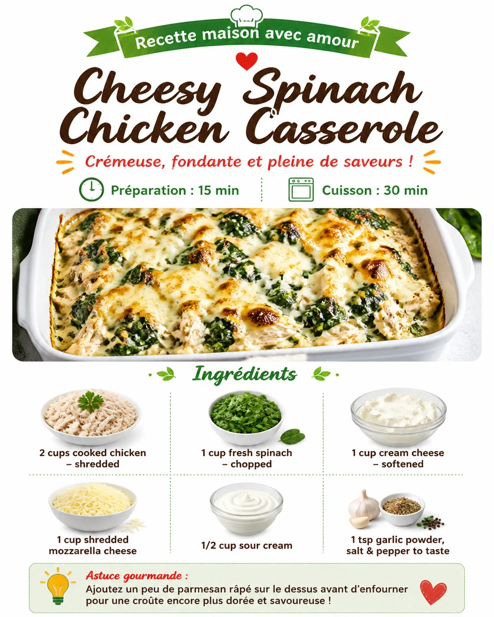 Cheesy spinach chicken casserole served in a dish with melted cheese and spinach