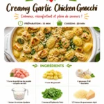 Creamy garlic chicken gnocchi dish topped with herbs