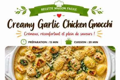Creamy garlic chicken gnocchi dish topped with herbs