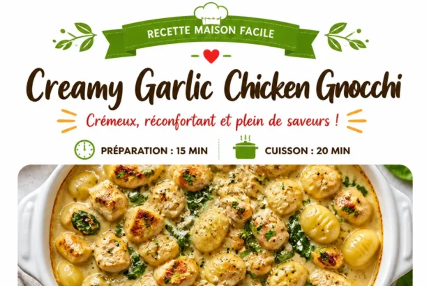 Creamy garlic chicken gnocchi dish topped with herbs