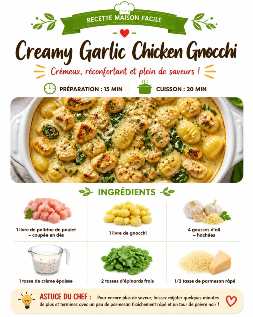 Creamy garlic chicken gnocchi dish topped with herbs