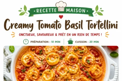 Creamy tomato basil tortellini with fresh basil and parmesan cheese