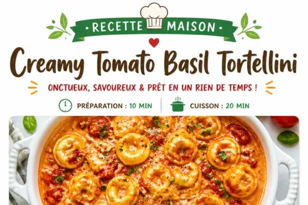 Creamy tomato basil tortellini with fresh basil and parmesan cheese