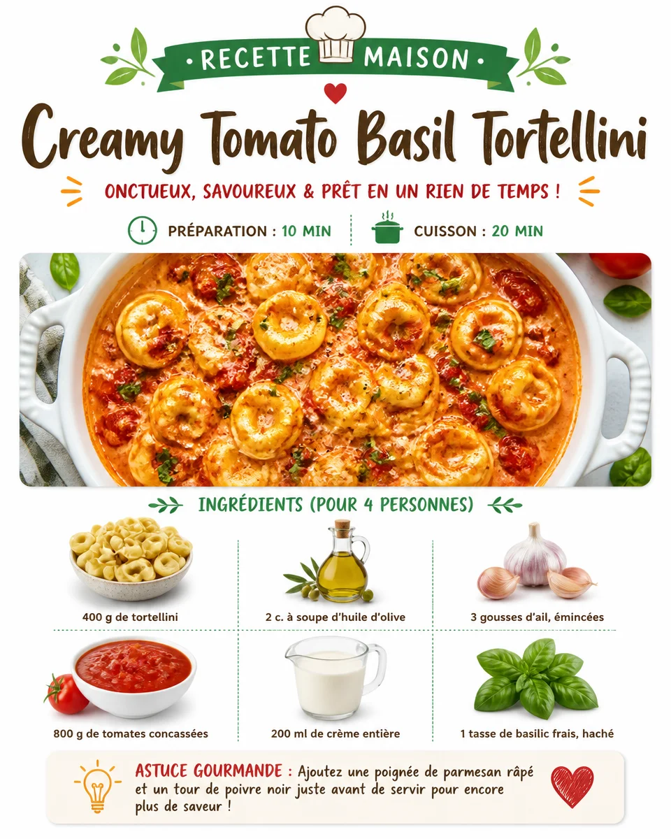 Creamy tomato basil tortellini with fresh basil and parmesan cheese