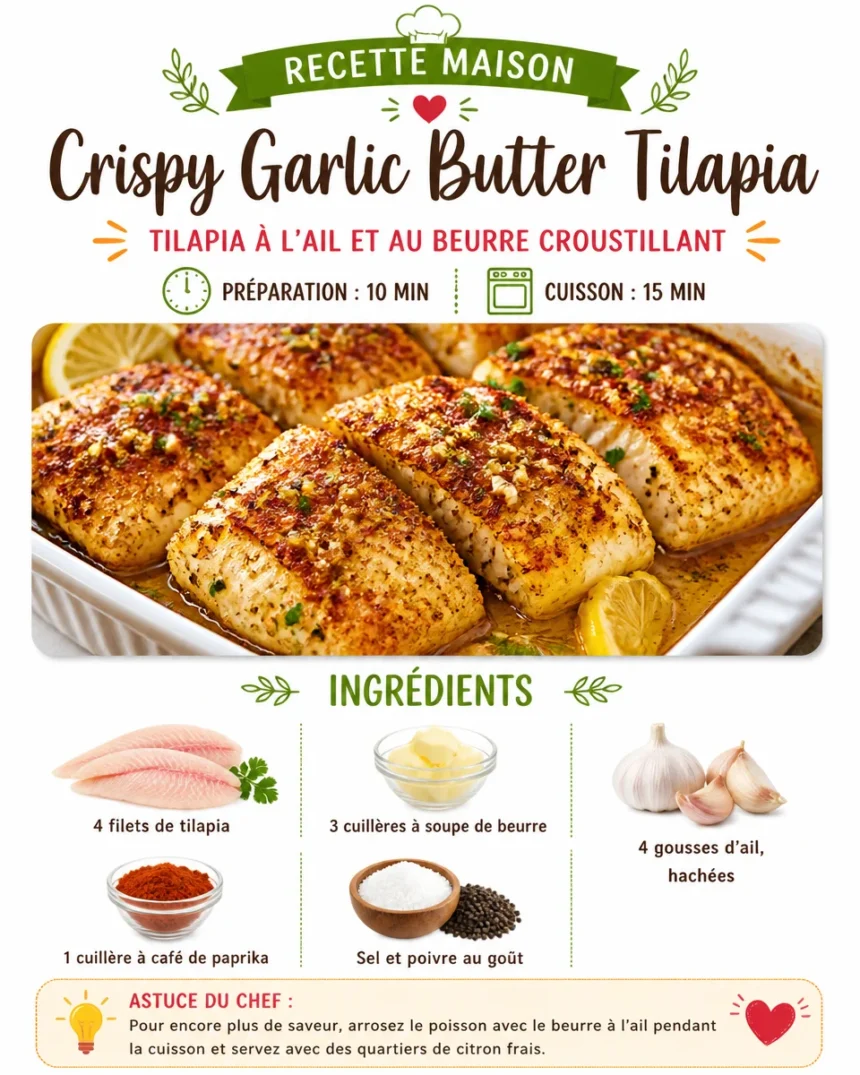 Crispy garlic butter tilapia served on a plate with herbs