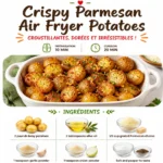 Crispy air fryer Parmesan potatoes garnished with herbs on a plate.