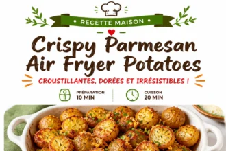 Crispy air fryer Parmesan potatoes garnished with herbs on a plate.