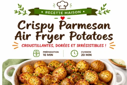 Crispy air fryer Parmesan potatoes garnished with herbs on a plate.