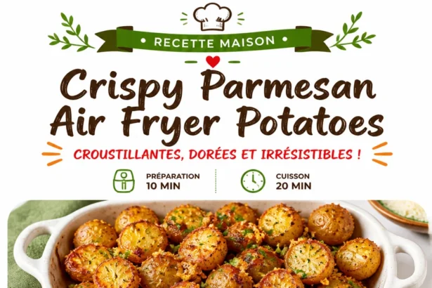 Crispy air fryer Parmesan potatoes garnished with herbs on a plate.