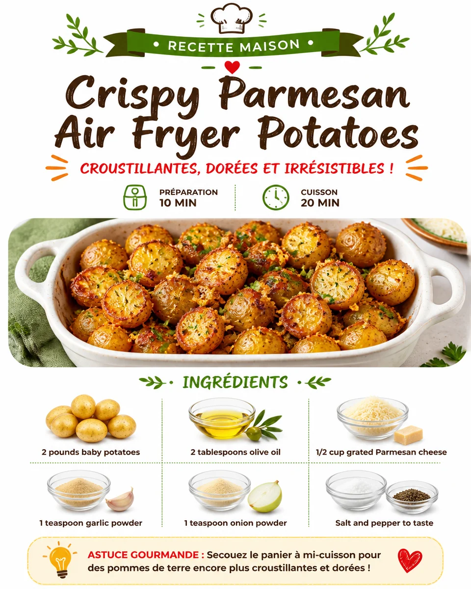 Crispy air fryer Parmesan potatoes garnished with herbs on a plate.
