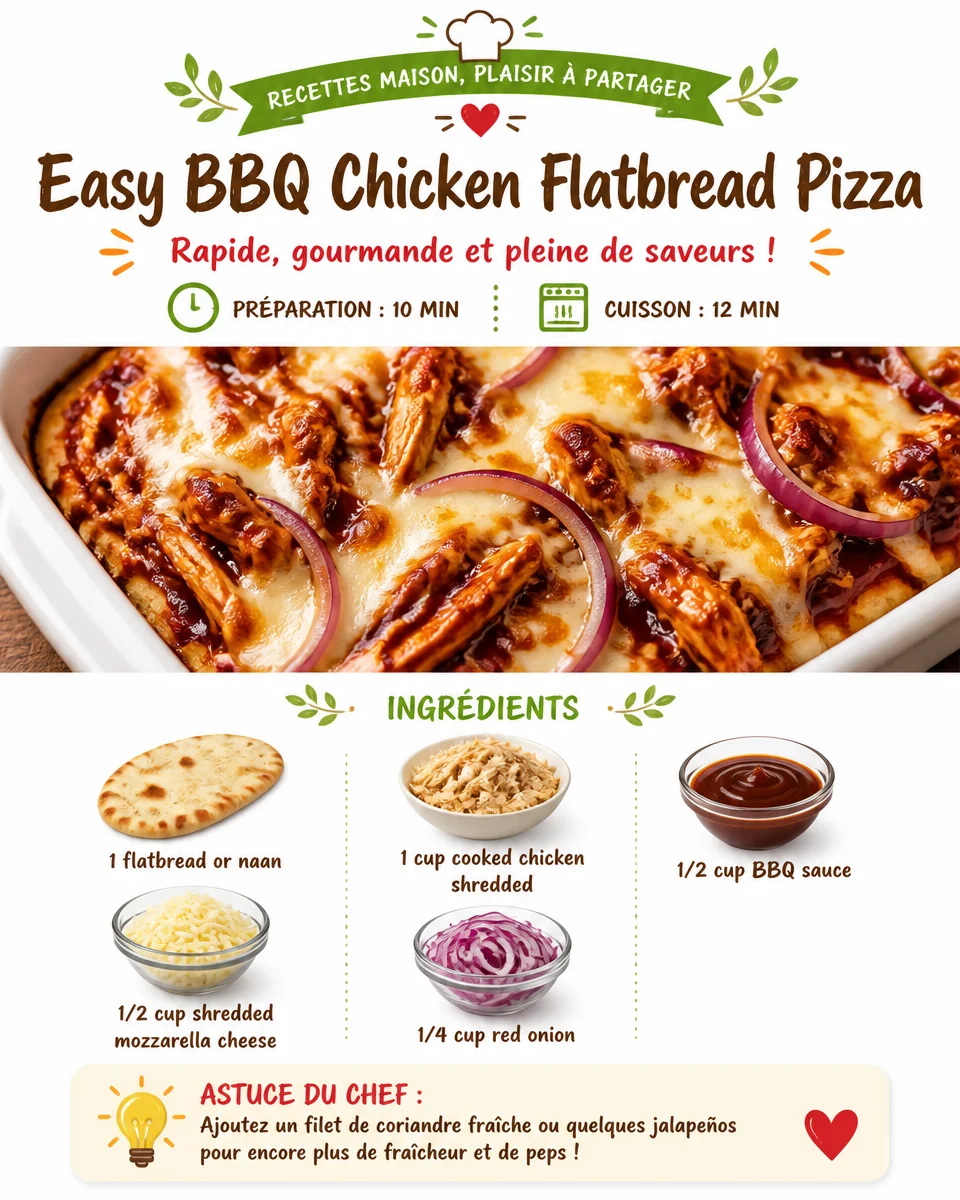Easy BBQ chicken flatbread pizza topped with barbecue sauce and cheese