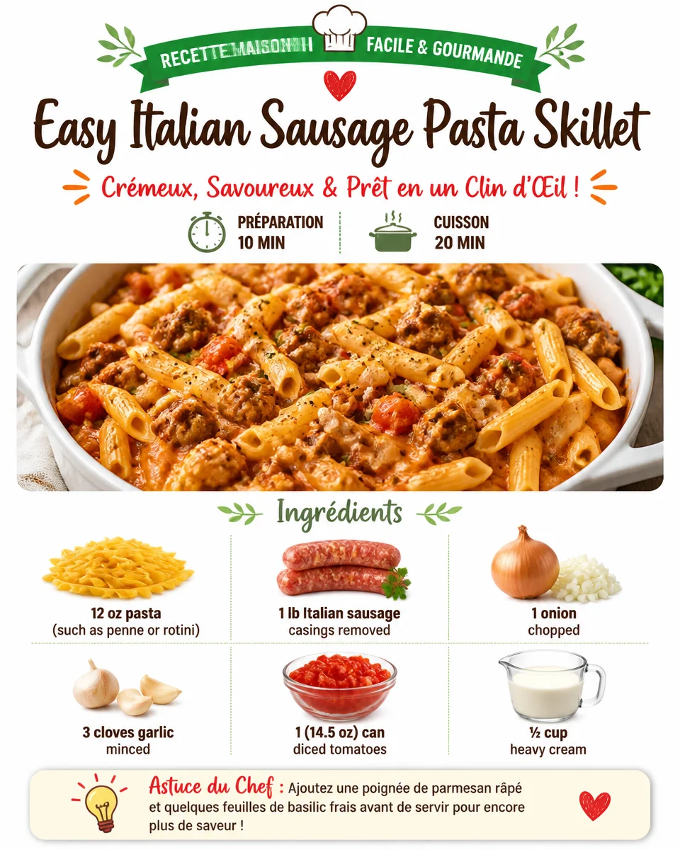 Easy Italian sausage pasta skillet dish with fresh herbs and cheese