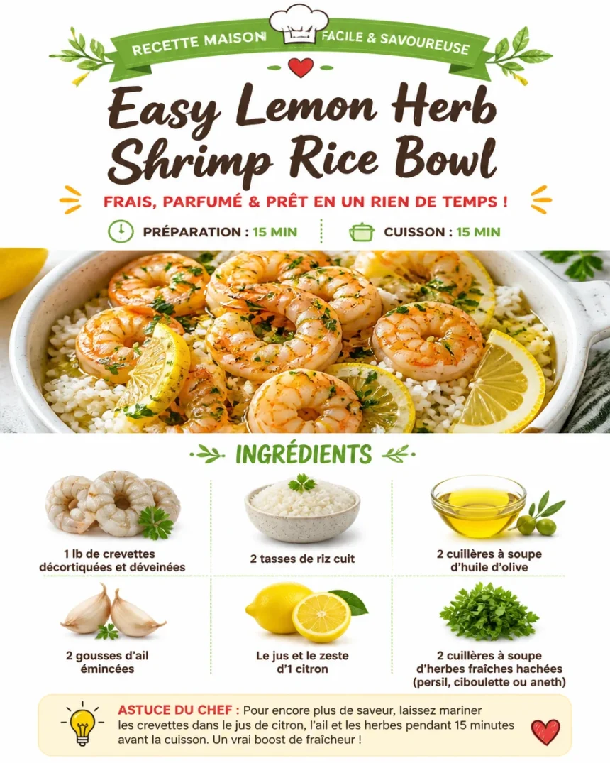 Easy lemon herb shrimp rice bowl with fresh ingredients and vibrant colors