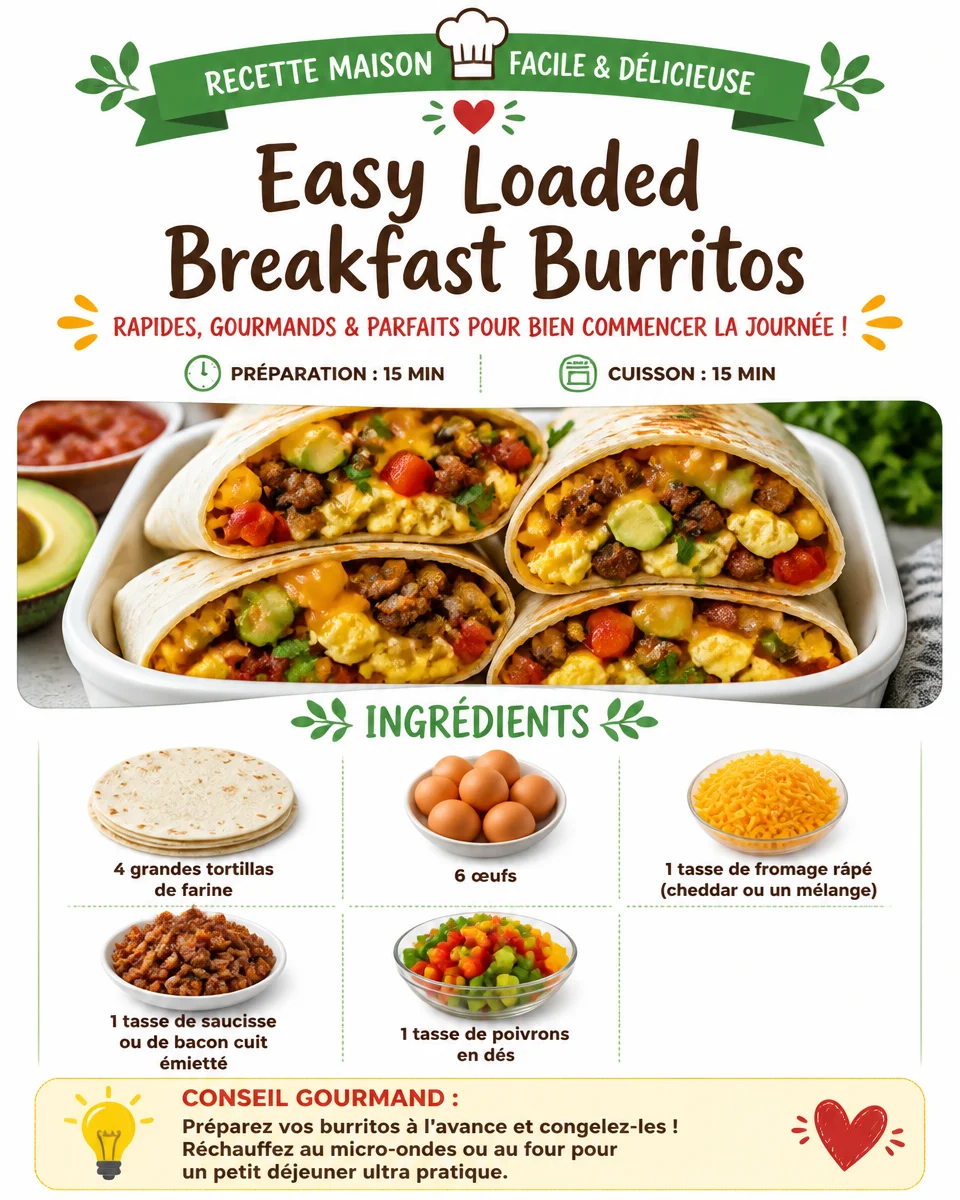 Easy loaded breakfast burritos filled with eggs, cheese, and veggies