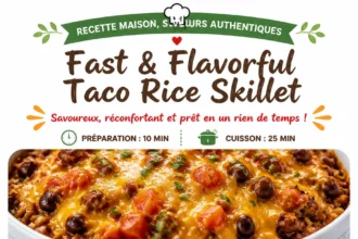 Fast and flavorful taco rice skillet dish served in a pan with toppings.
