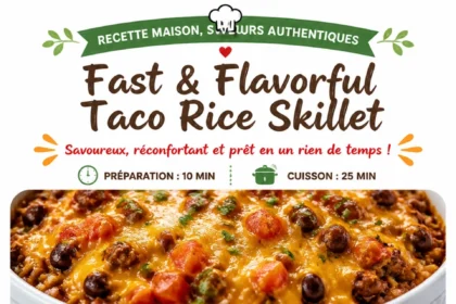 Fast and flavorful taco rice skillet dish served in a pan with toppings.