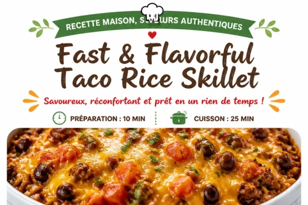 Fast and flavorful taco rice skillet dish served in a pan with toppings.
