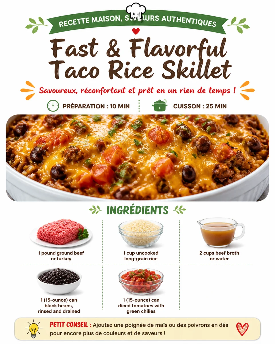 Fast and flavorful taco rice skillet dish served in a pan with toppings.