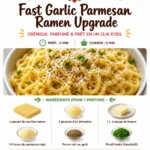 Bowl of fast Garlic Parmesan Ramen topped with cheese and herbs