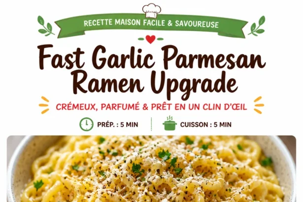 Bowl of fast Garlic Parmesan Ramen topped with cheese and herbs