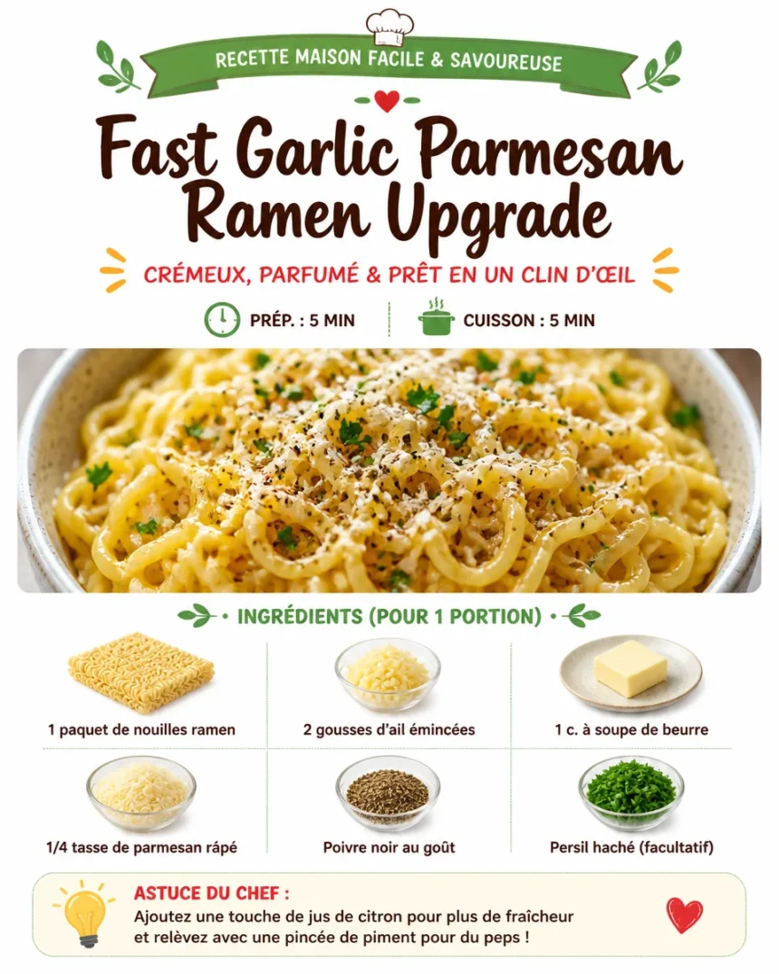 Bowl of fast Garlic Parmesan Ramen topped with cheese and herbs