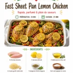Fast Sheet Pan Lemon Chicken with vibrant lemons and tender chicken on a baking sheet.