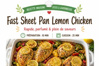 Fast Sheet Pan Lemon Chicken with vibrant lemons and tender chicken on a baking sheet.