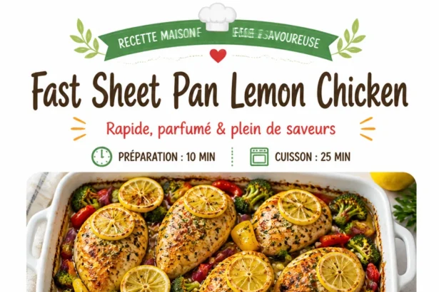 Fast Sheet Pan Lemon Chicken with vibrant lemons and tender chicken on a baking sheet.