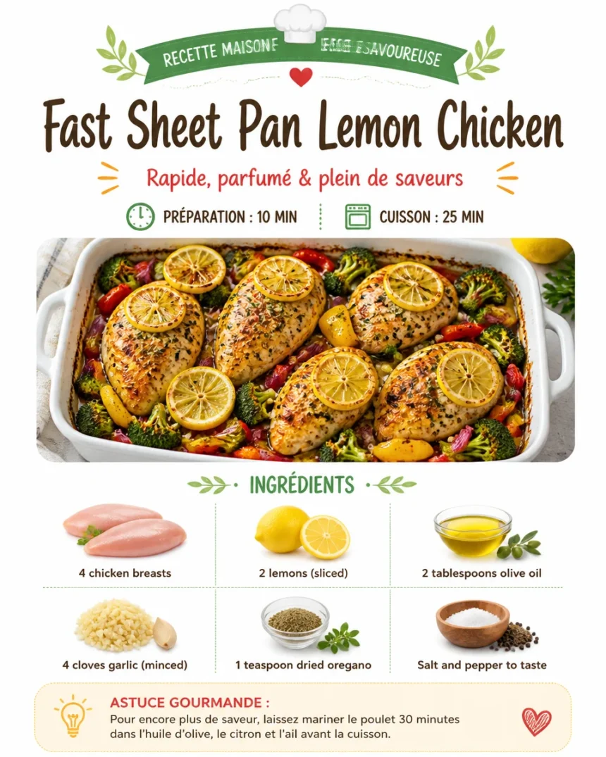 Fast Sheet Pan Lemon Chicken with vibrant lemons and tender chicken on a baking sheet.