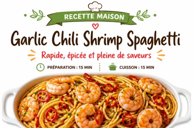 Plate of Garlic Chili Shrimp Spaghetti garnished with parsley and chili flakes