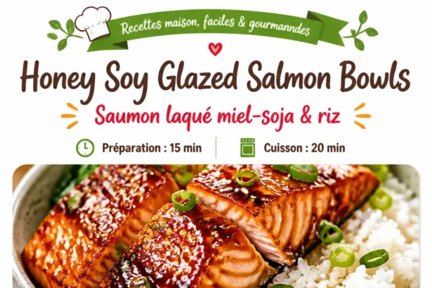 Honey soy glazed salmon bowl garnished with fresh vegetables and sesame seeds