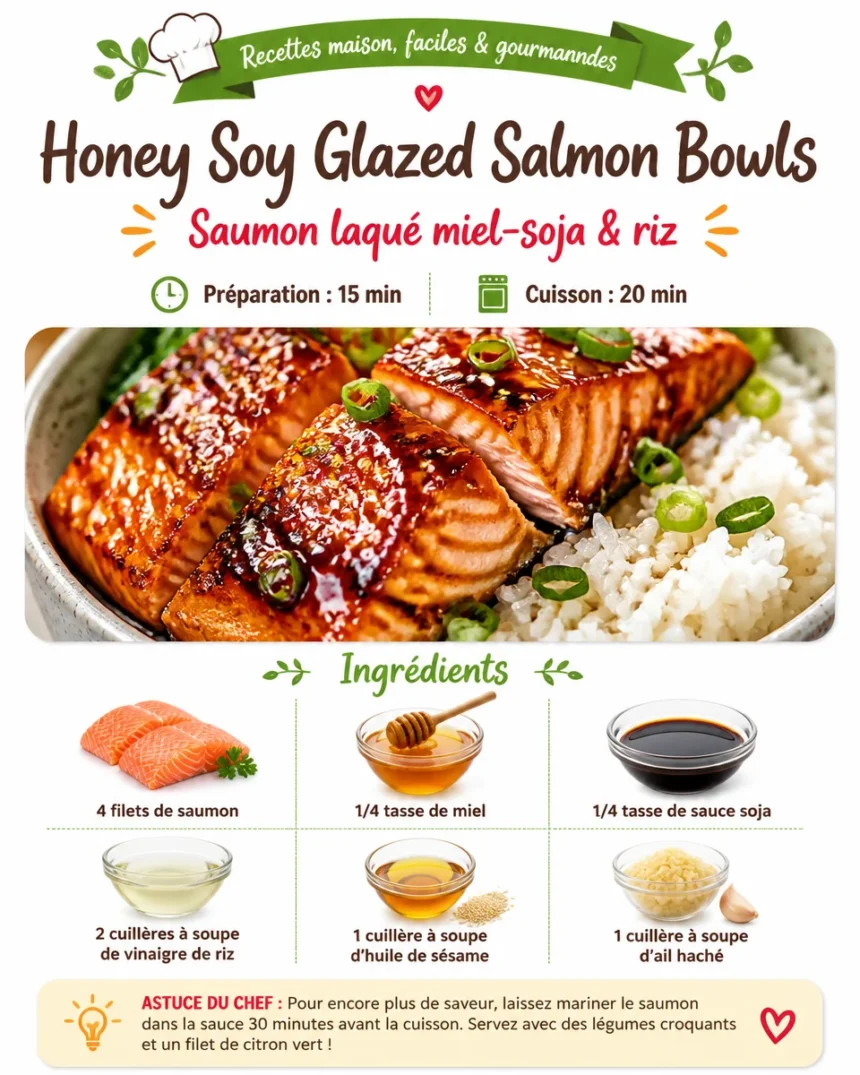 Honey soy glazed salmon bowl garnished with fresh vegetables and sesame seeds