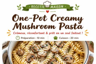 One-Pot Creamy Mushroom Pasta in a white bowl garnished with parsley