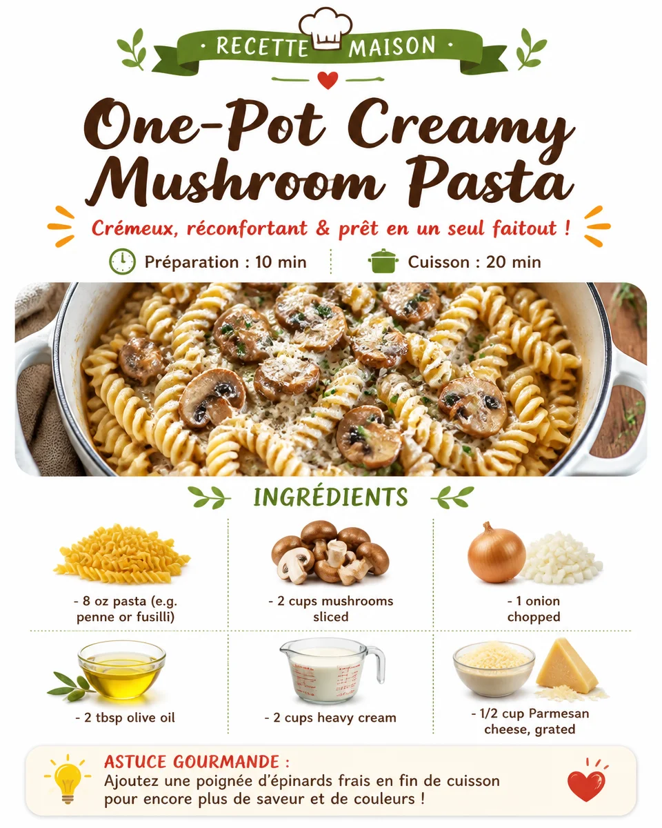 One-Pot Creamy Mushroom Pasta in a white bowl garnished with parsley