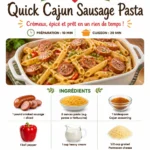 Plate of quick Cajun sausage pasta topped with herbs and spices.