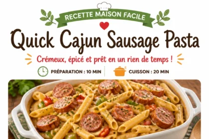 Plate of quick Cajun sausage pasta topped with herbs and spices.