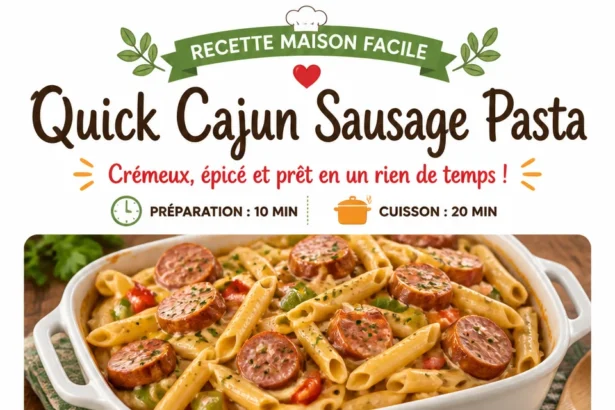 Plate of quick Cajun sausage pasta topped with herbs and spices.