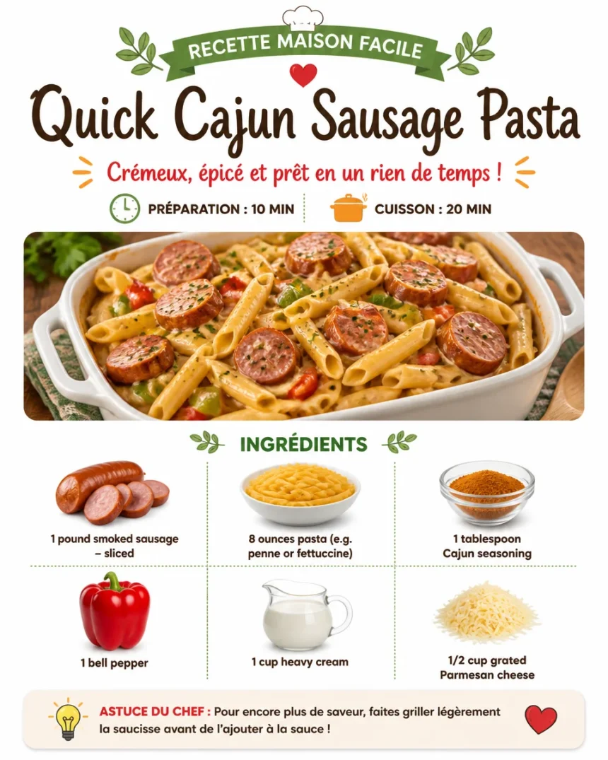 Plate of quick Cajun sausage pasta topped with herbs and spices.