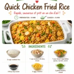 Delicious plate of quick chicken fried rice with vegetables and egg