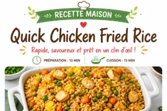 Delicious plate of quick chicken fried rice with vegetables and egg