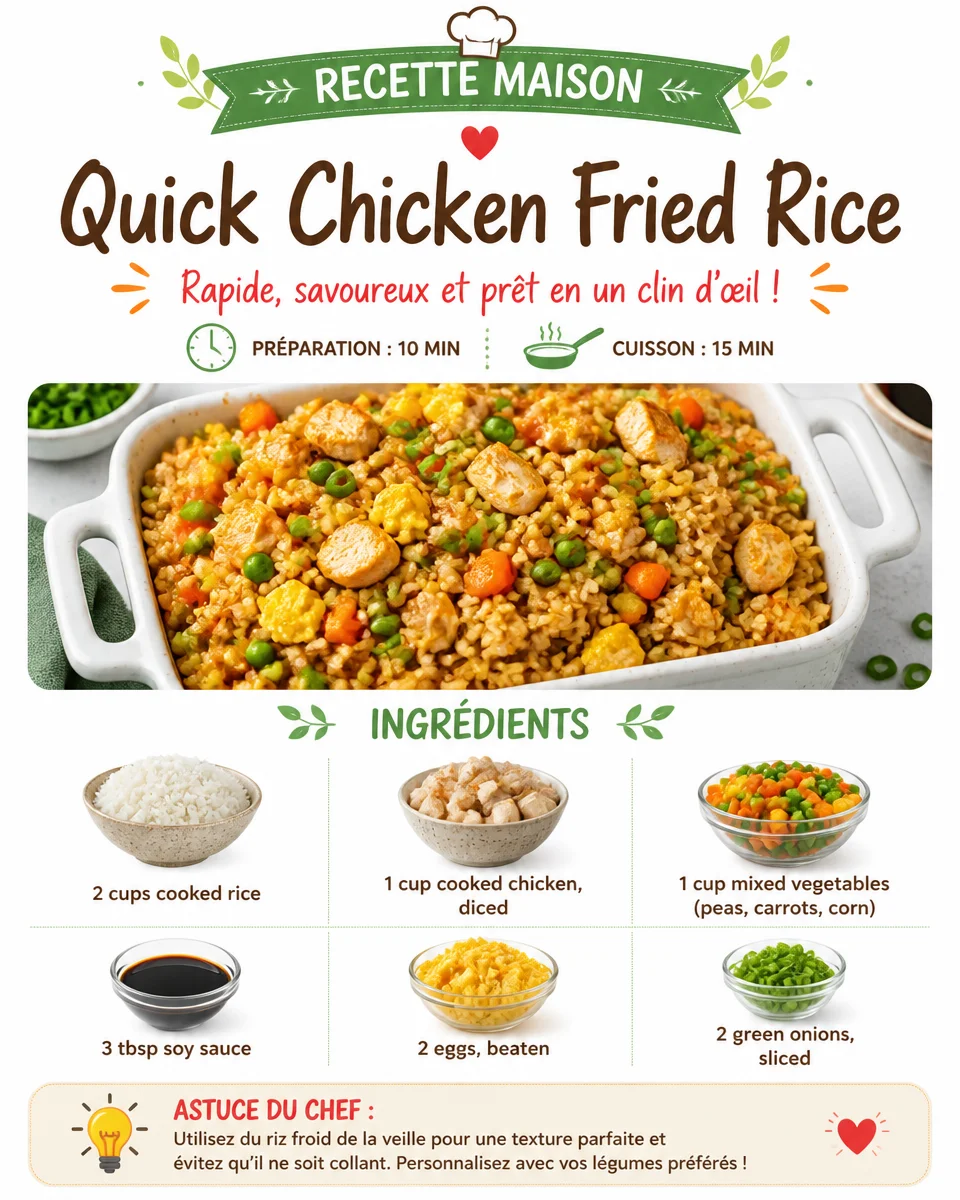 Delicious plate of quick chicken fried rice with vegetables and egg